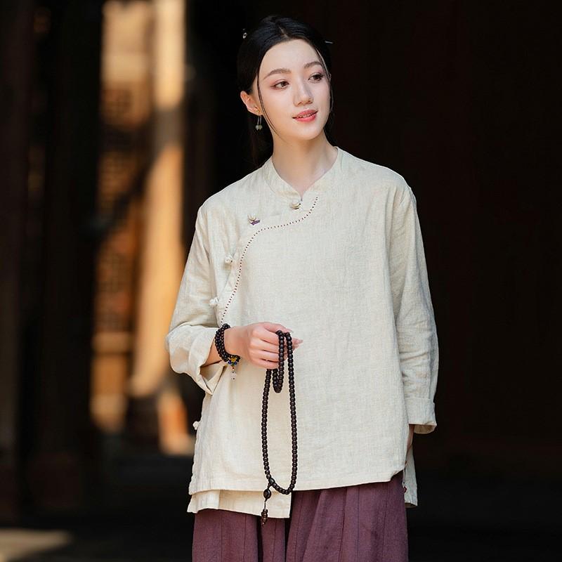 Johnature Women Vintage Shirts Tops Stand Long Sleeve Solid Color Blouses Autumn Button Shirts
