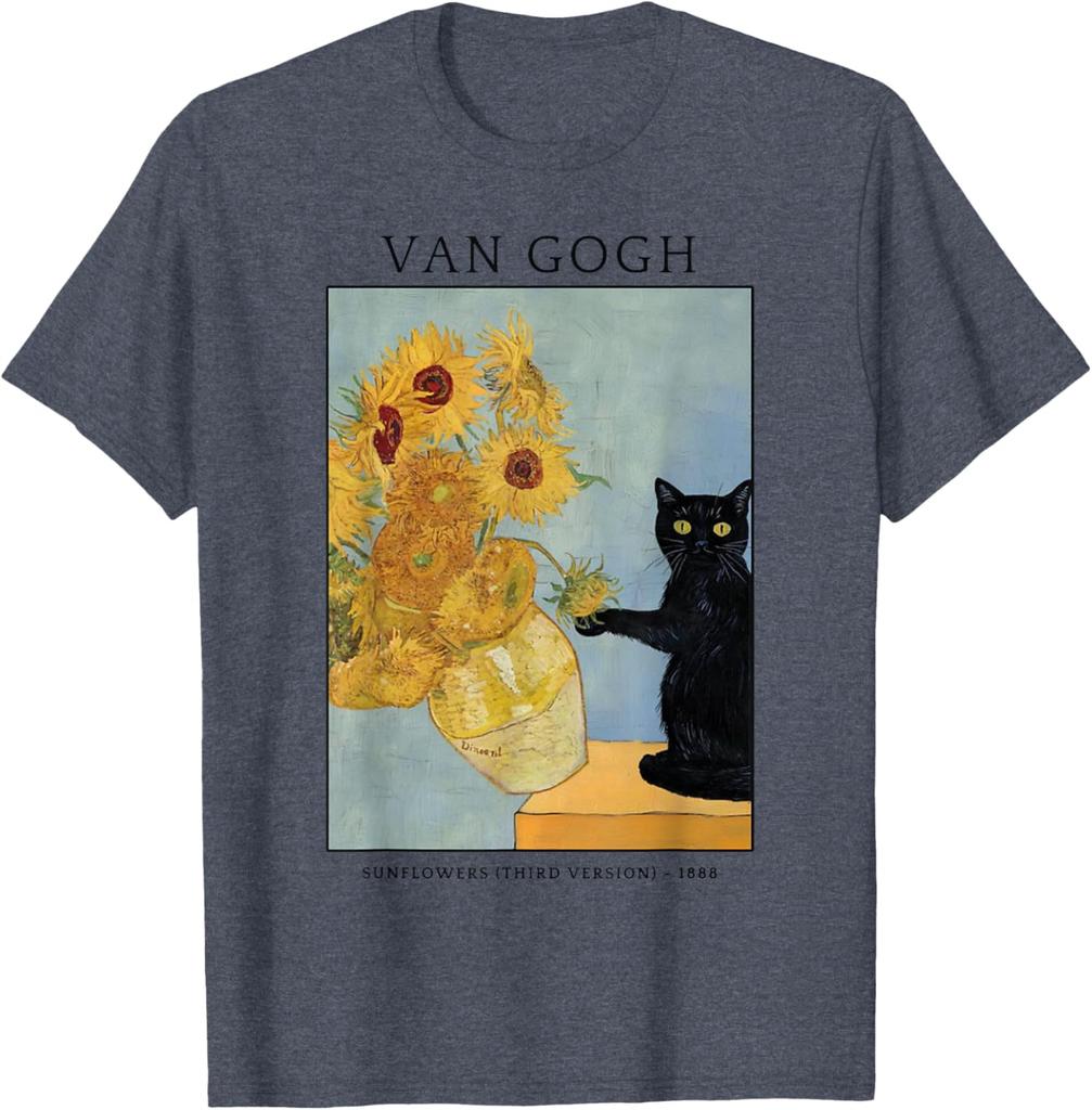 Černá kočka Van Gogh Slunečnice Umělecká parodie Grafické tričko Měkká bavlna Ležérní tričko s kulatým výstřihem