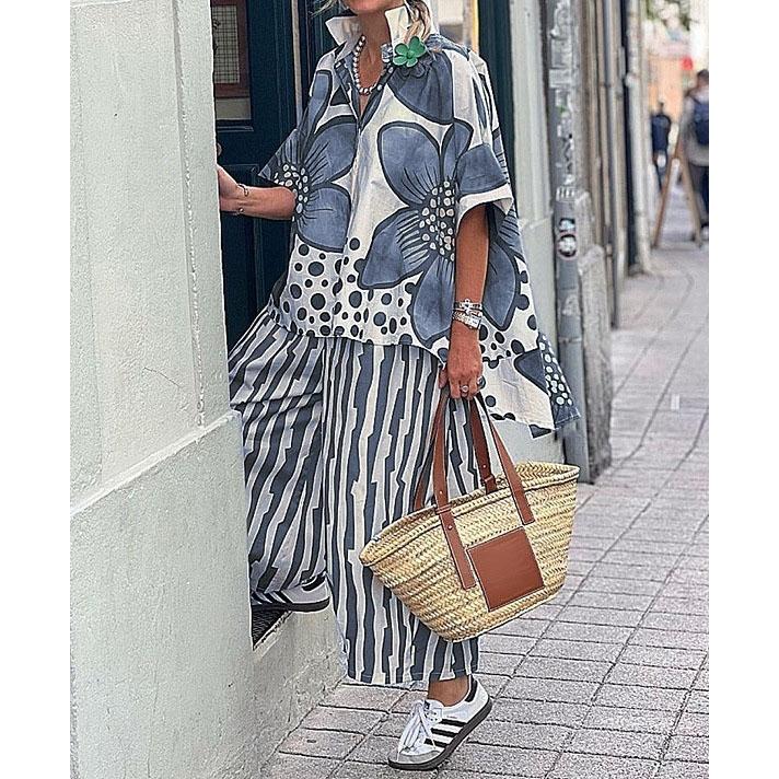 Spring And Summer Casual Ladder Lapel Trousers Short Sleeve Two-piece Set Comfortable And Fashionable Elegant Shirt Set