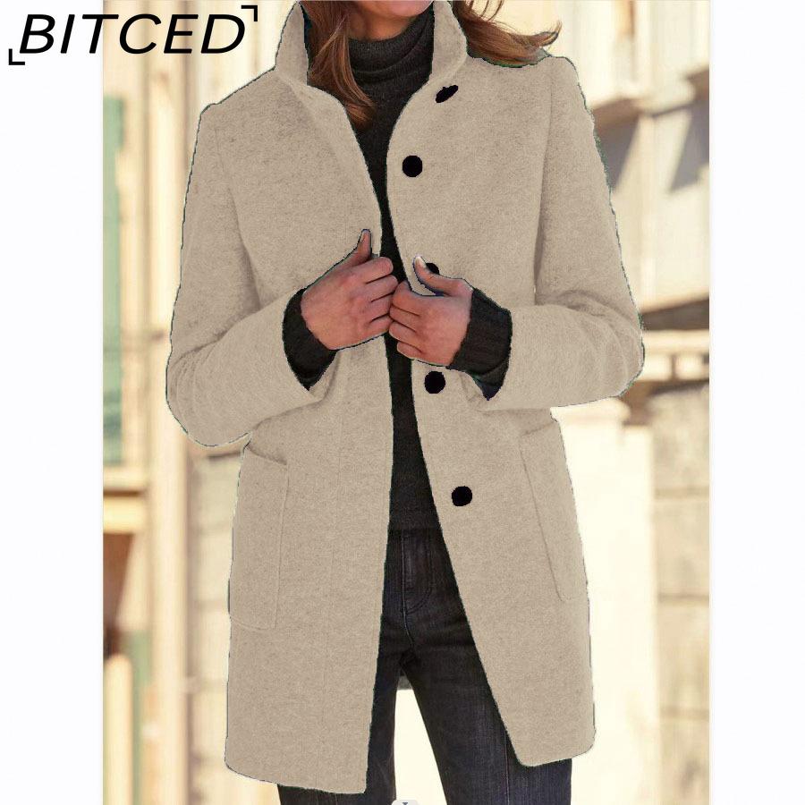 BITCED Autumn/Winter Women's Vintage Solid-Color Button-Up Stand Collar Wool Coat