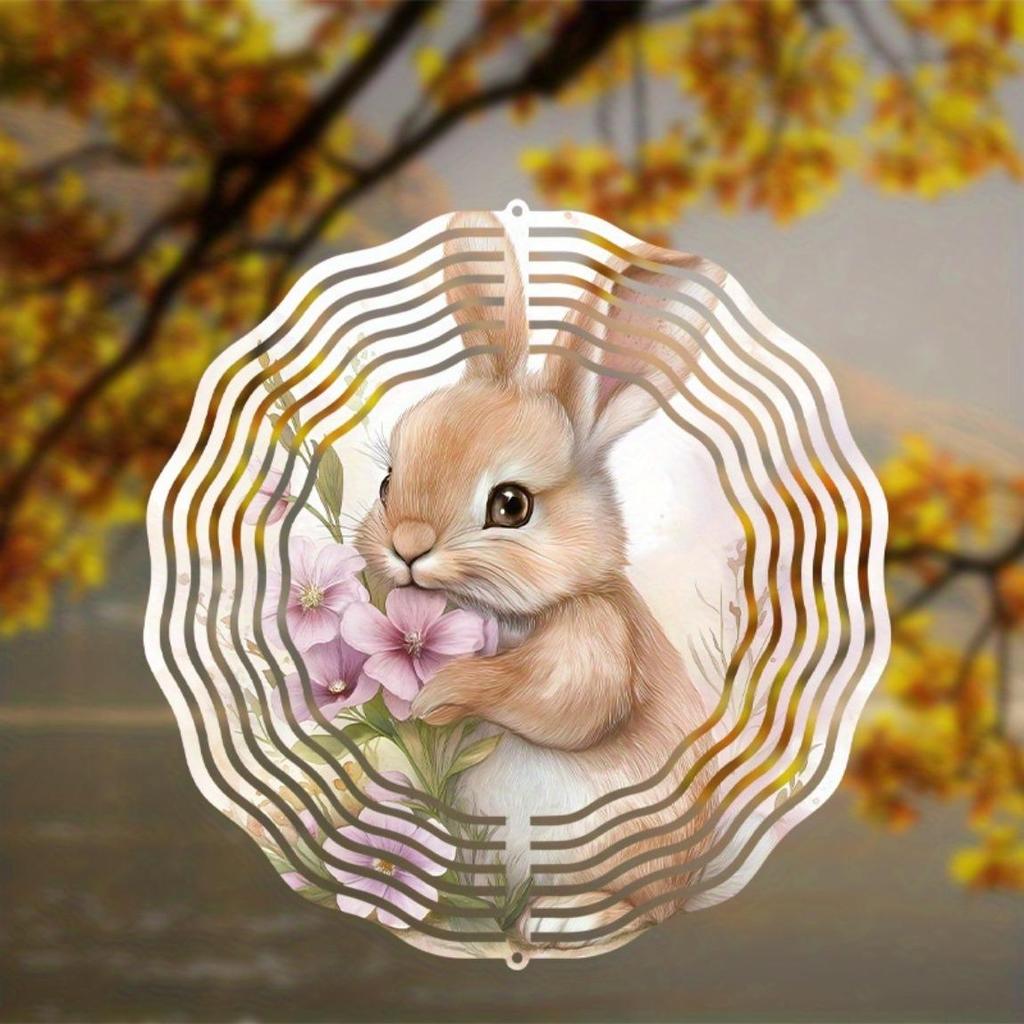 Rabbit Floral Wind Chime for Outdoors 10 Inch Rotating Metal Garden Decor Balcony Hanging Ornament No Battery Needed Gift Idea