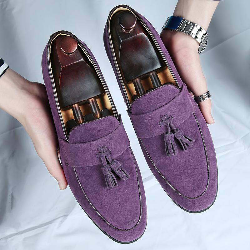 Fashion Spring New Fashion Purple Dress Shoes Loafers Male Business Flats Office Casual Suede Leather Shoes Mens Comfortable Dress Shoes