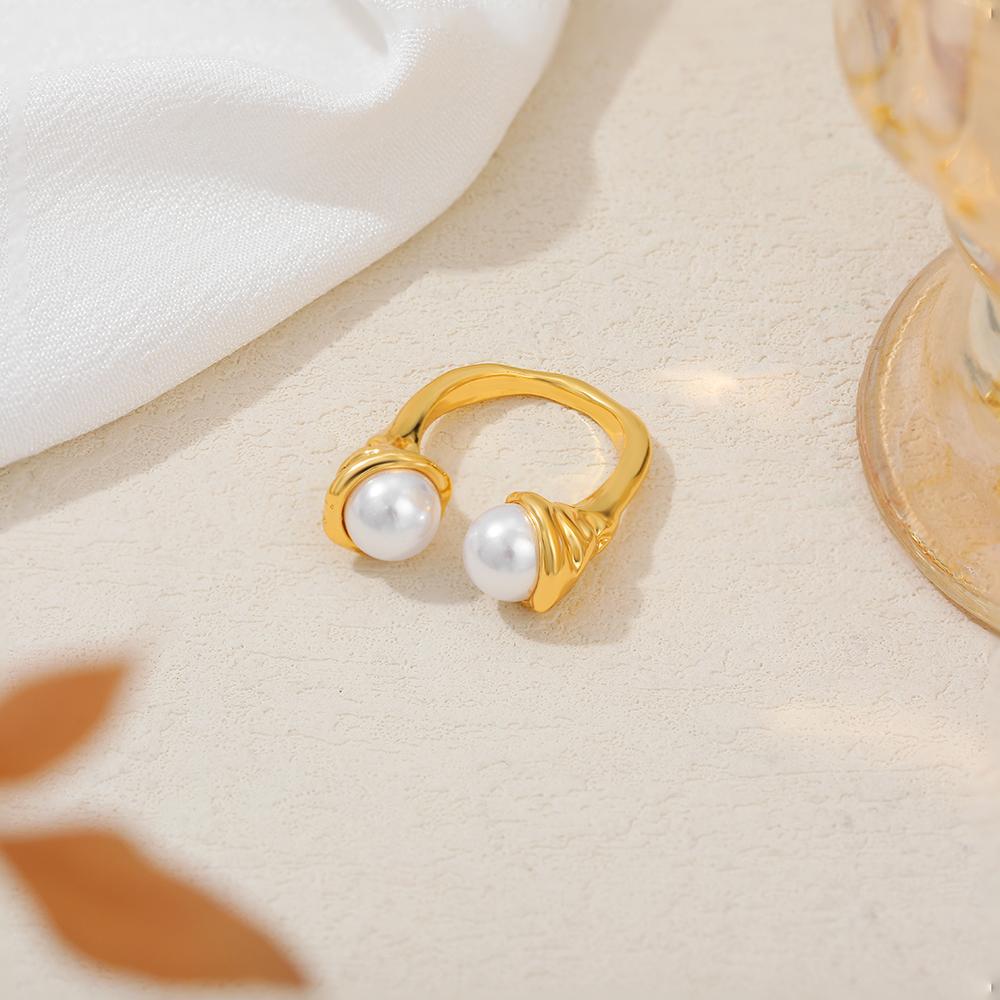 Fashion Imitation Pearl Geometric Open Ring Women Stainless Steel Elegant Gold Plated Stacking Ring High Quality Jewelry Bijoux
