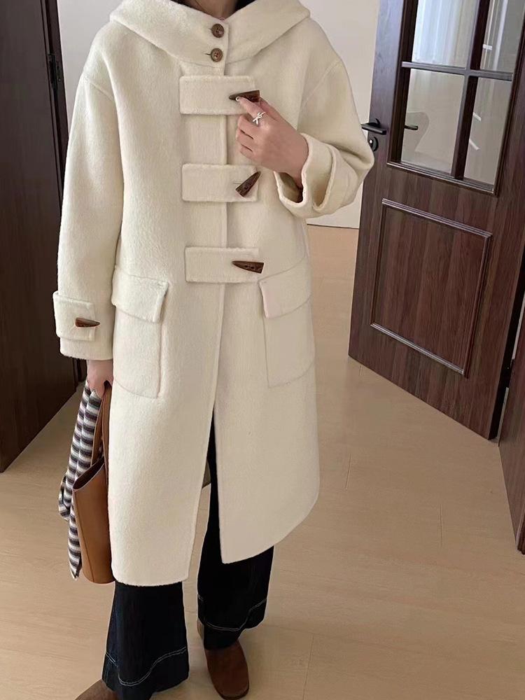 

Hooded horn button woolen coat women s winter new thickened college style medium and long woolen coat S