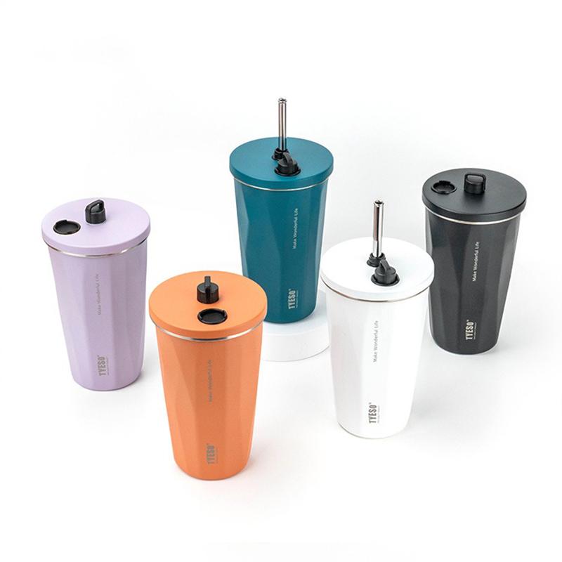 600ml Portable Coffee Cup Tyeso Stainless Steel Thermos Bottle with Straw Summer Cold Drink Cup Students Vacuum Insulated Bottle