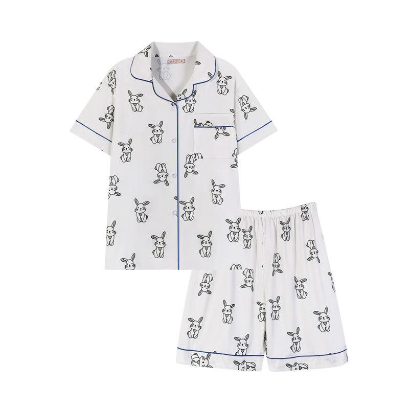 Ins Korean Version Full of Cute Rabbit Pajamas Women's Summer Short-sleeved Shorts Cardigan Set Girl Large-size Loungewear