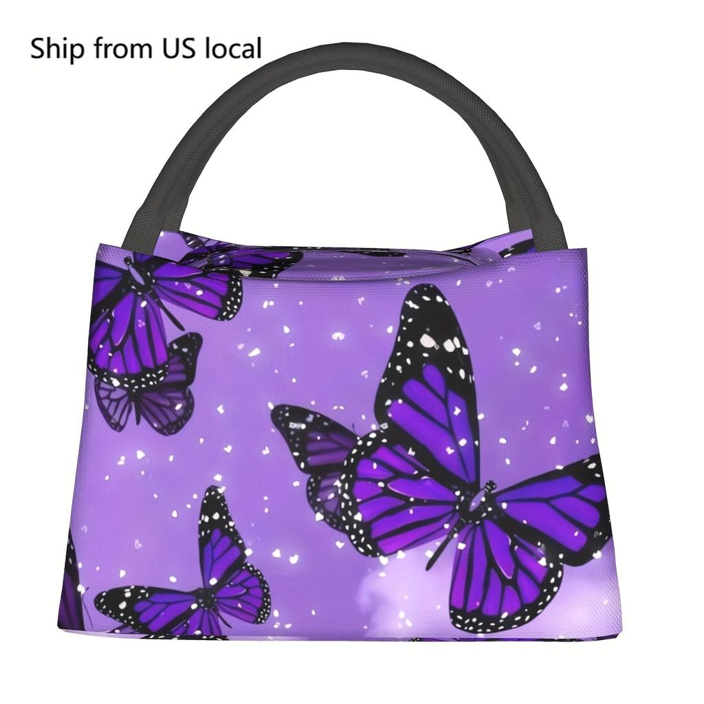 1pc Purple Butterfly Pattern Insulated Lunch Bag - Reusable Refrigerated Cooler Tote with Sturdy Handles, Durable Polyester for
