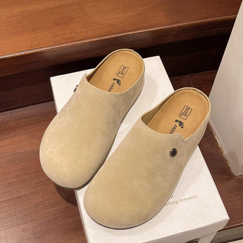 Retro Baotou women's spring new leather thick-soled non-slip one-pedal lazy half slippers outer wear