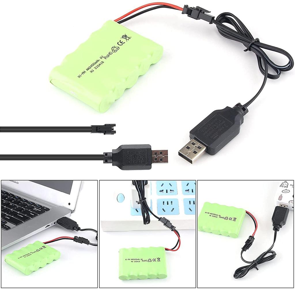 Rechargeable Ni-MH Battery 6V 2400mAh for RC Cars | Includes USB Charging Cable | Long Runtime Over 18 Minutes | Green