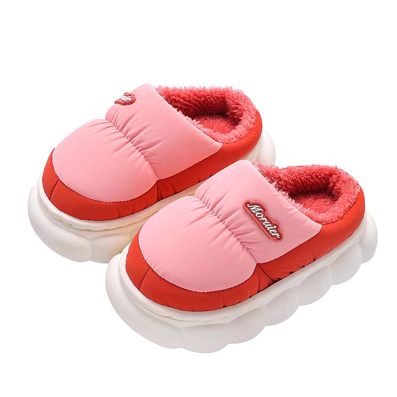 Children's cotton slippers for boys, winter plush and thickened, girls' furry parent-child anti-slip baby down fabric waterproof cotton shoes