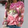 Flowers Cat  Long Sleeves Women Colorful Animal 3D Clothing  Tops O-Neck Cotton Clothes T-Shirt