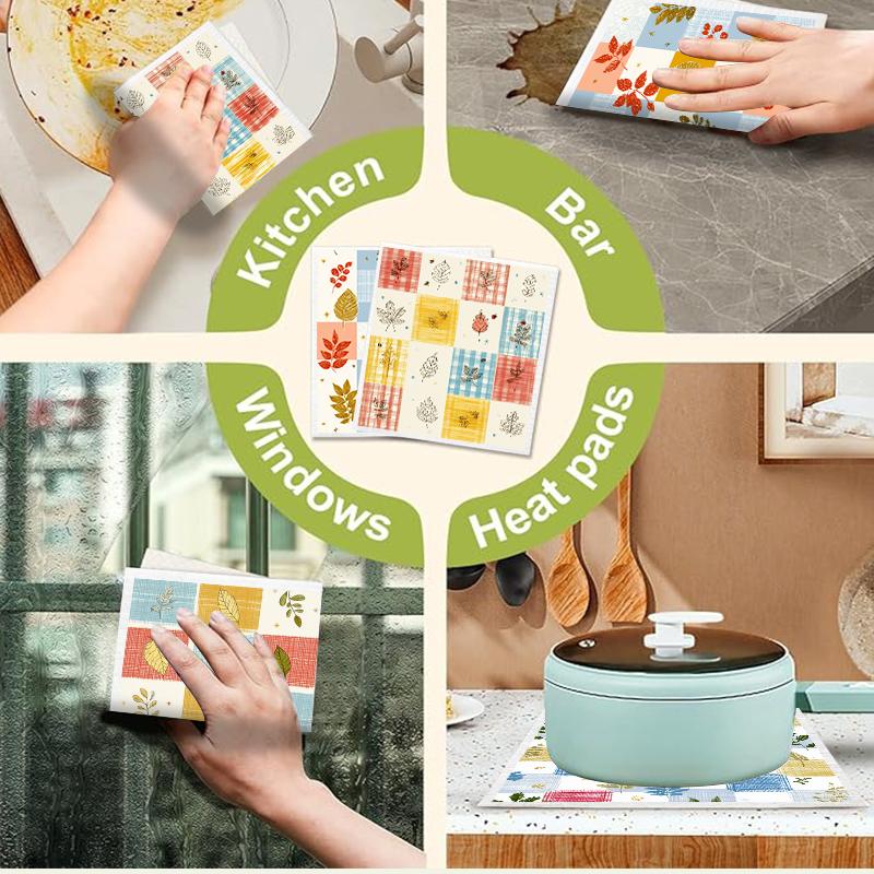 Cleaning Cloth Reusable Kitchen Dish Towels Eco-friendly Microfiber Marple Leaves Plaid Print Dishcloths Lint Free Washable Duster Rags Tea Towels