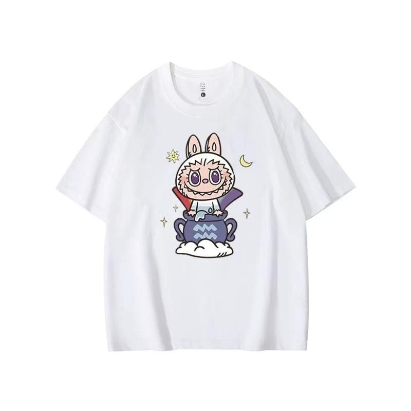 Summer Round Neck Labubu Pattern Printed Top Fashionable Casual Pure Cotton Short Sleeved Women's T-shirts