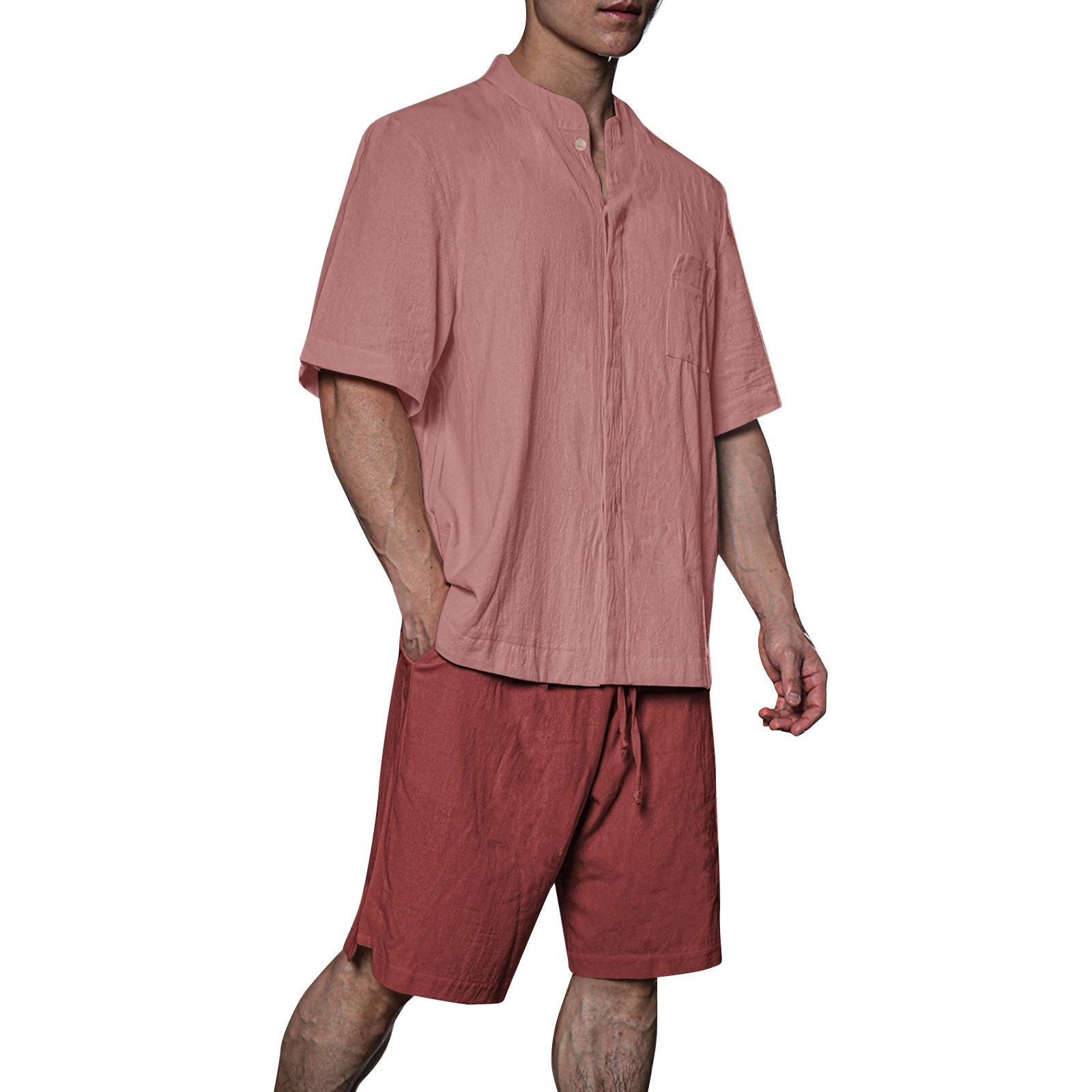 

Мужская однотонная рубашка без воротника с карманами из хлопка и льна на четверть пуговицы XL арбуз красный