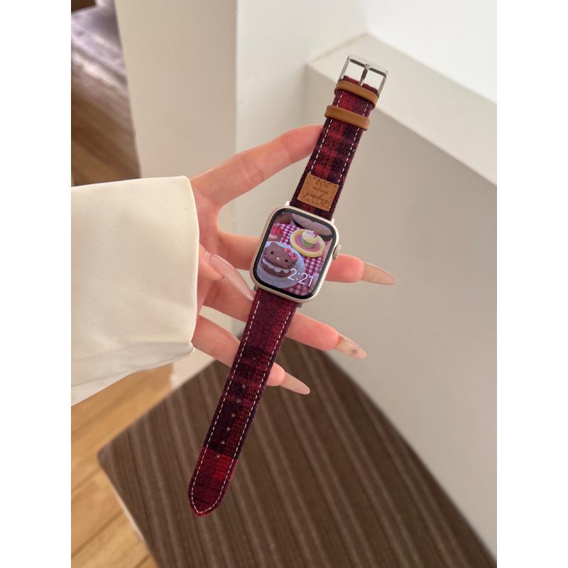 

Цветной шерстяной ремешок из кожи в клетку для Apple Watch Series 10/9/8/7/SE 20mm Self-measure