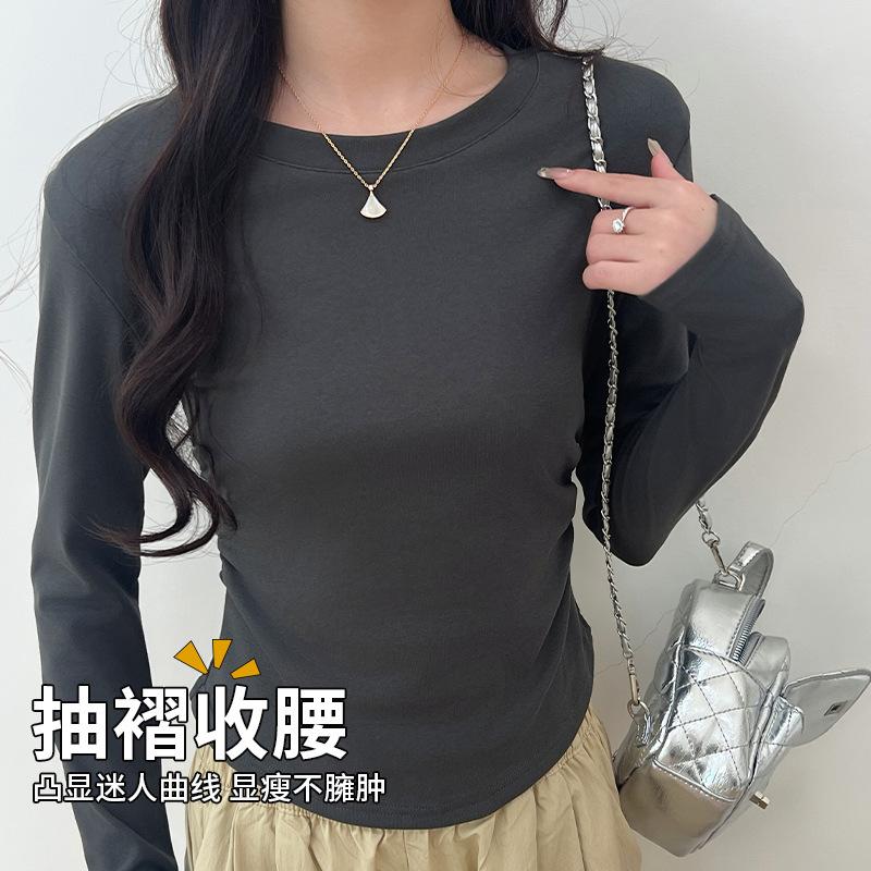 2 Cotton Wrinkled Bottoming Shirt Women's Autumn and Winter New Inner Slim-fitting Long-sleeved Top Crew Neck Front Shoulder Shirt