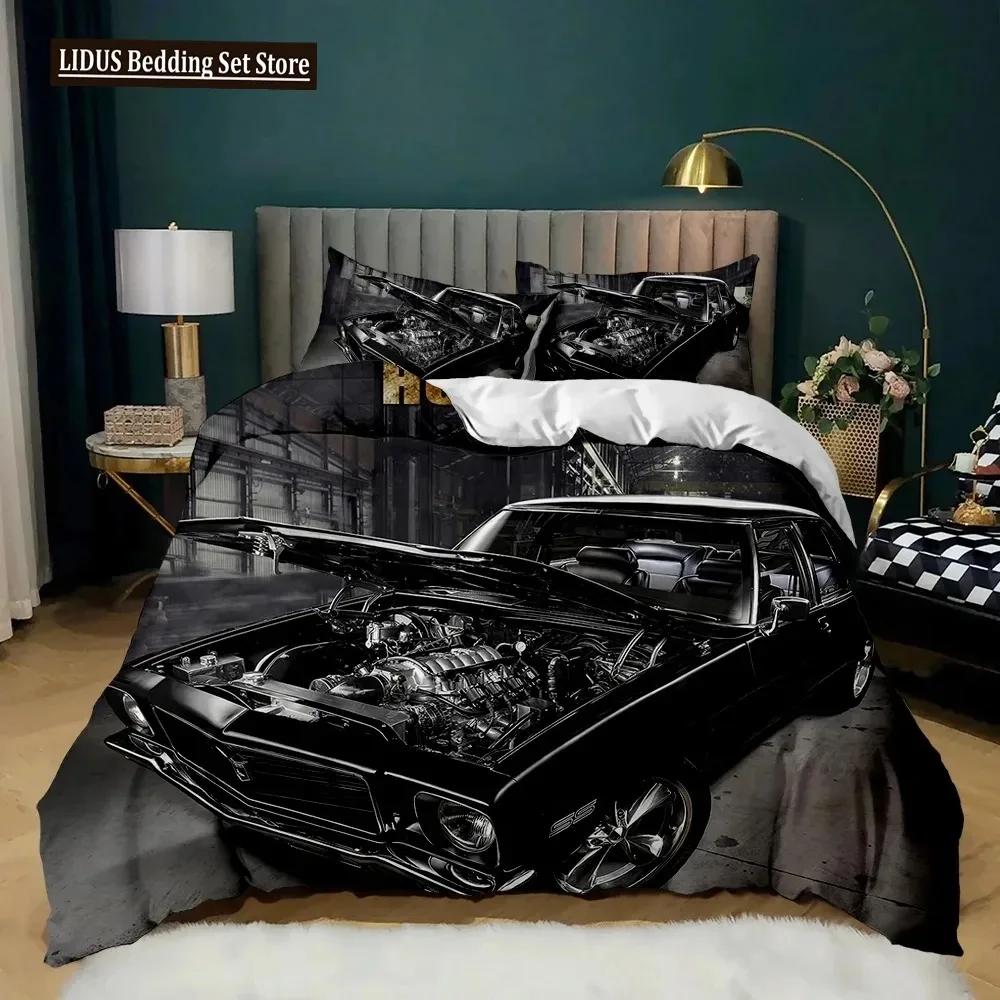Racerbil Påslakanset King Queen Twin Storlek Röd Flamma Täcke Överdrag 3D Sportbilstema För Pojkar Flicka Polyester Sängkläder Set