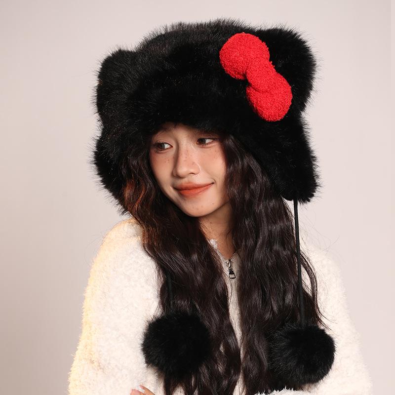 Red Bow Hat for Women Cute Animal Fashion Warm Plush Hat Autumn and Winter New Cartoon Ear Protection Lei Feng Hat