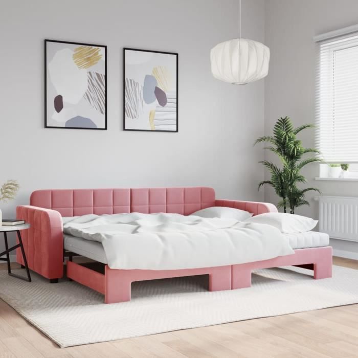 VidaXL Daybed with Trundle and Mattress Pink 90x200 Cm Velvet 3196956