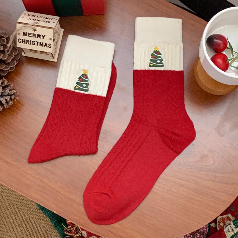 

Женские осенне-зимние милые рождественские новогодние красные махровые хлопковые носки 1 pair