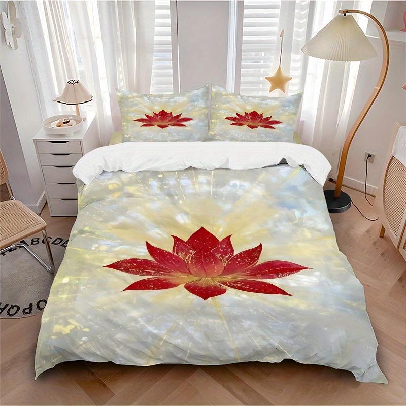 3pcs Lotus Flower Print Bedding Set, Breathable And Soft, Suitable for All Seasons Machine Washable, Suitable for Bedroom Decoration,yy250822156