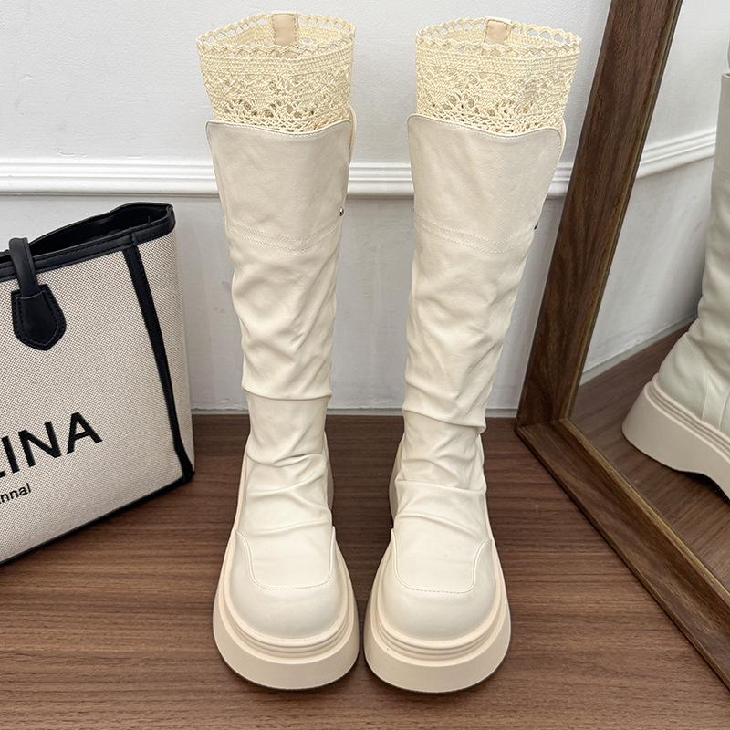 

British Style Beige Platform Shoes for Women Autumn Fashion Riding Long Boots Black Knee-High Lace Pleated Botas Size 35-39 39