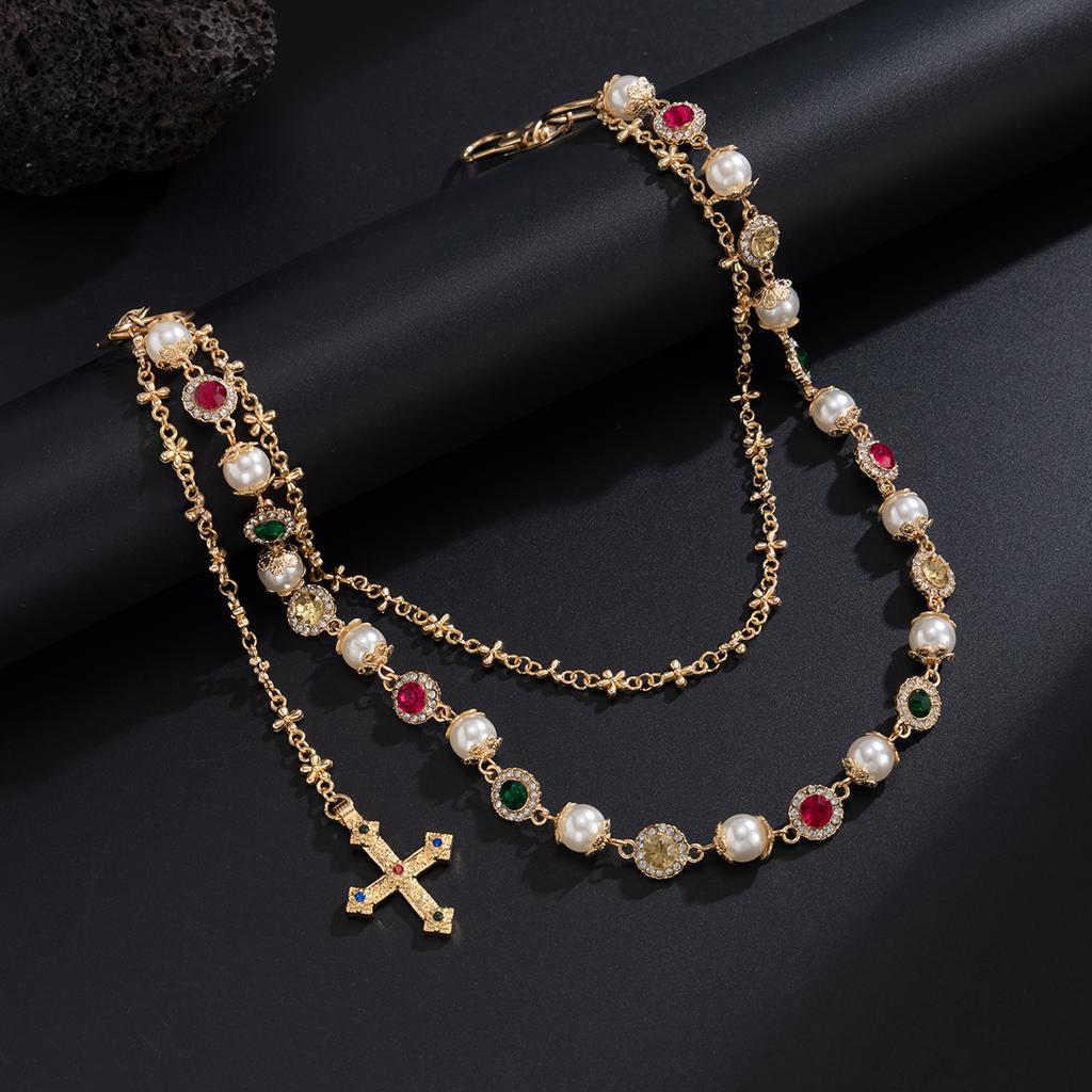 Salircon New Exquisite Luxury Cross Pendant Imitation Pearl Keychain Belt Chain Men Punk Trousers Jean Chain HipHop Jewelry Gift