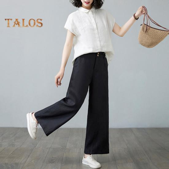 Women Casual Pants Elastic High Waist Buttons Zipper Fly Long Trousers with Pockets Solid Color Straight Wide Leg Slacks Daily Wear