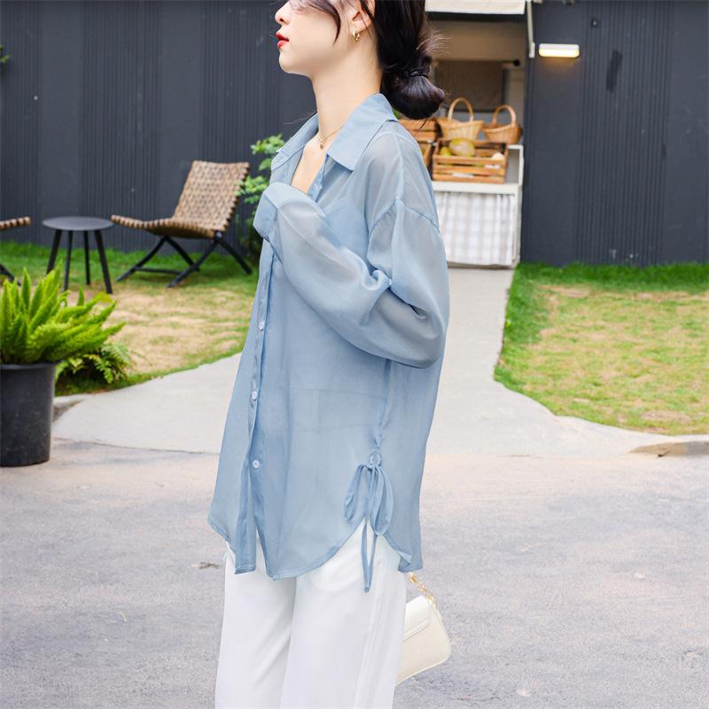 GMXIA Women's Shirt Summer Thin Cardigan Loose Shirt Jacket Ice Silk Sunscreen Clothing Top Long-sleeved Sun Shirt Tide