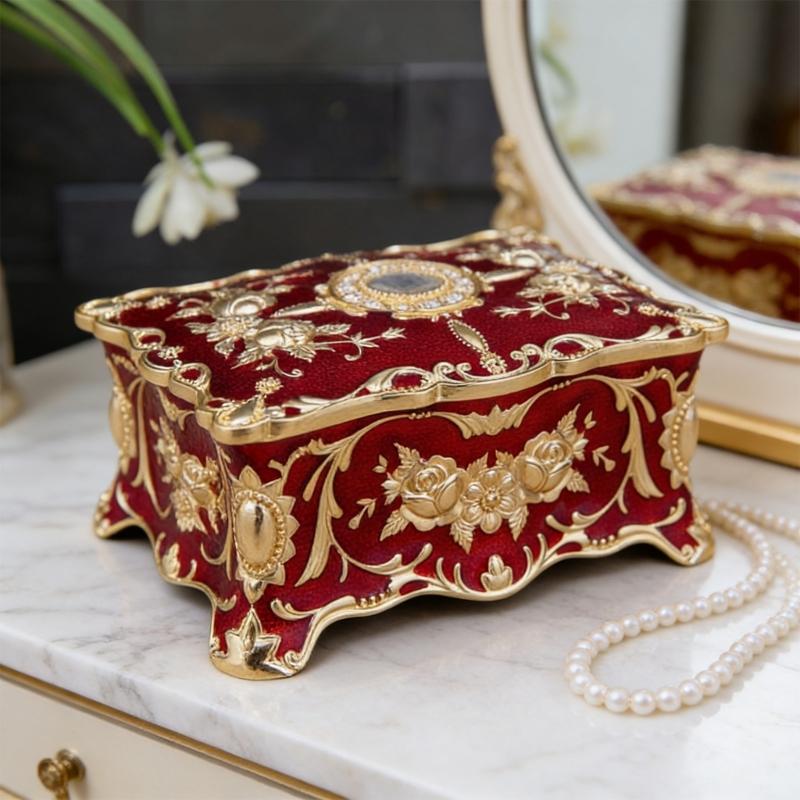 Elegant European Rose Engraved Metal Jewelry Box For Rings Necklaces Earrings With Soft Lining