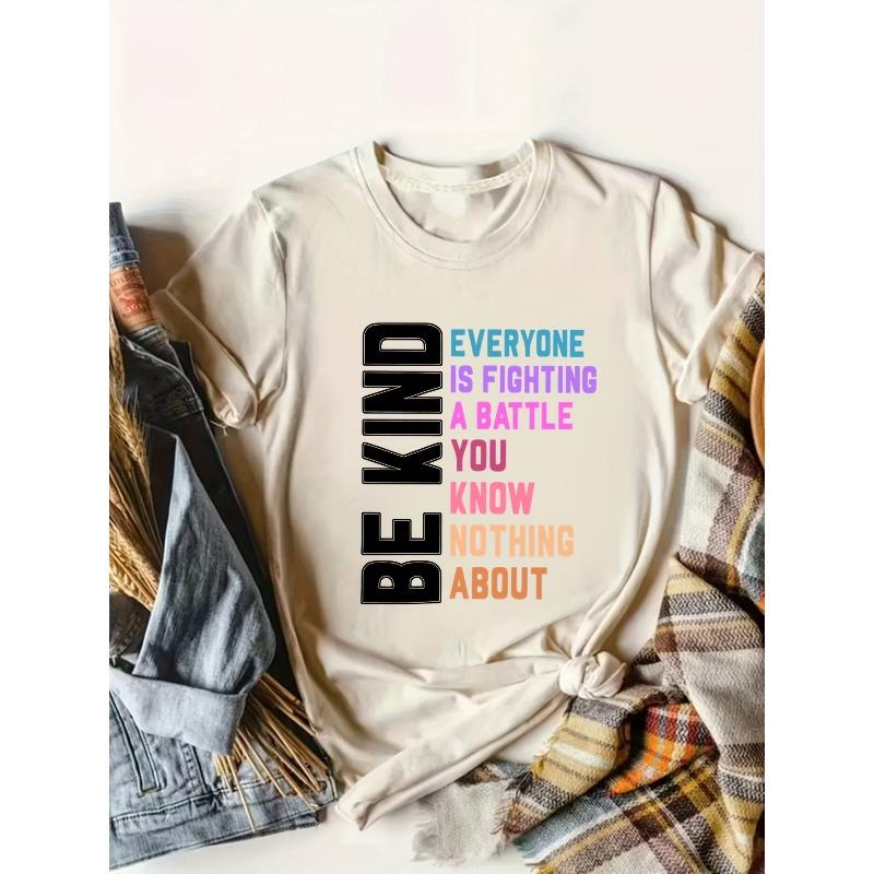 Plus Size BE KIND Print T-shirt, Casual Short Sleeve Crew Neck Top For Spring & Summer, Women's Plus Size Clothing