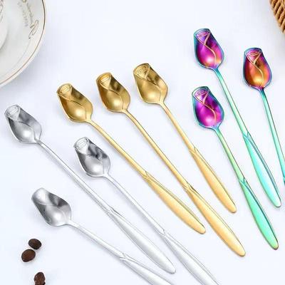 Stainless Steel Rose Flower Long Handle Dessert Spoon