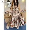 Autumn Spring Women Pleated Midi Skirt Elastic Waist Contrast Color Floral Print Elegant Skirt Feminine Vintage Maxi Long Ladies' Skirt