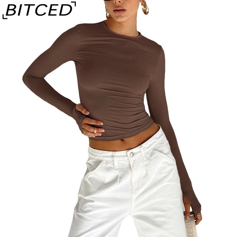 BITCED Women's Spring/Autumn T-Shirt Solid-Colour O-Neck Base Layer Slim-Fit Long-Sleeved Top