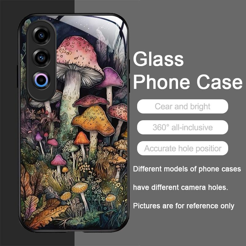 Creative Personality Mushroom Pattern Tempered Glass Phone Case for OnePlus 13R 12 11 10 9 Nord CE4 3 2 Lite ACE2 ACE3 Pro Cover