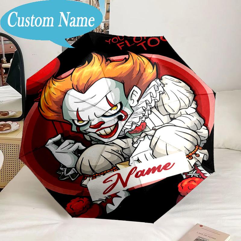 Custom Name Umbrella Pennywise Clown Horror Umbrella 8-Frame for Travel, Camping, Casual Lightweight Portable, Essential for Family Gifts