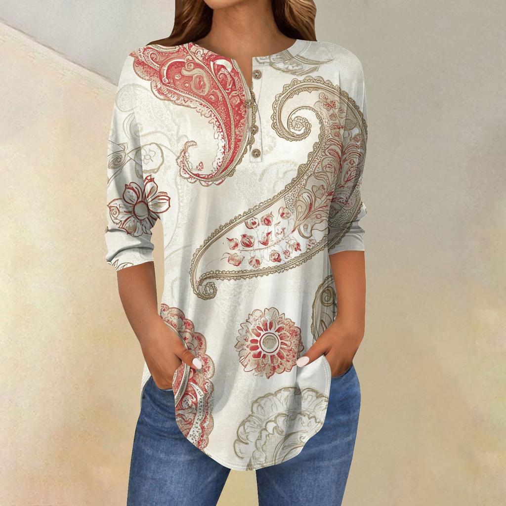 Damenmode Lässig Dreiviertelärmel Blumendruck Rundhals T-Shirt Top