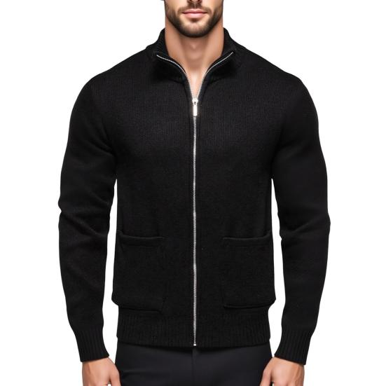 Men Knitted Jacket Stand Collar Long Sleeve Zipper Closure Sweater Coat with Pockets Thickened Plush Lining Knitwear