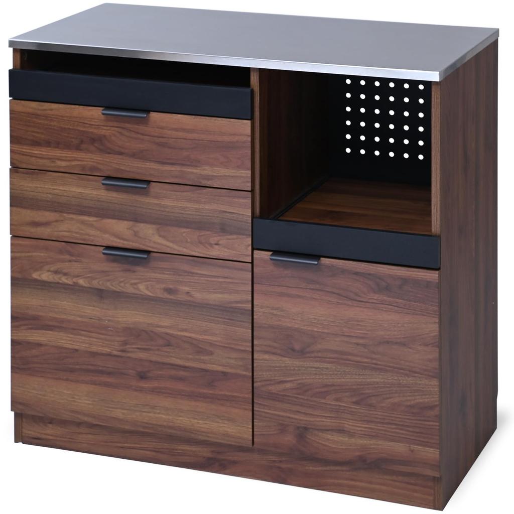 Moca Company Stela Stainless Steel Top Plate Kitchen Counter Width 90 Microwave Stand Cupboard Drawer Depth 45 with Outlet Low Type Rice Cooker Brown