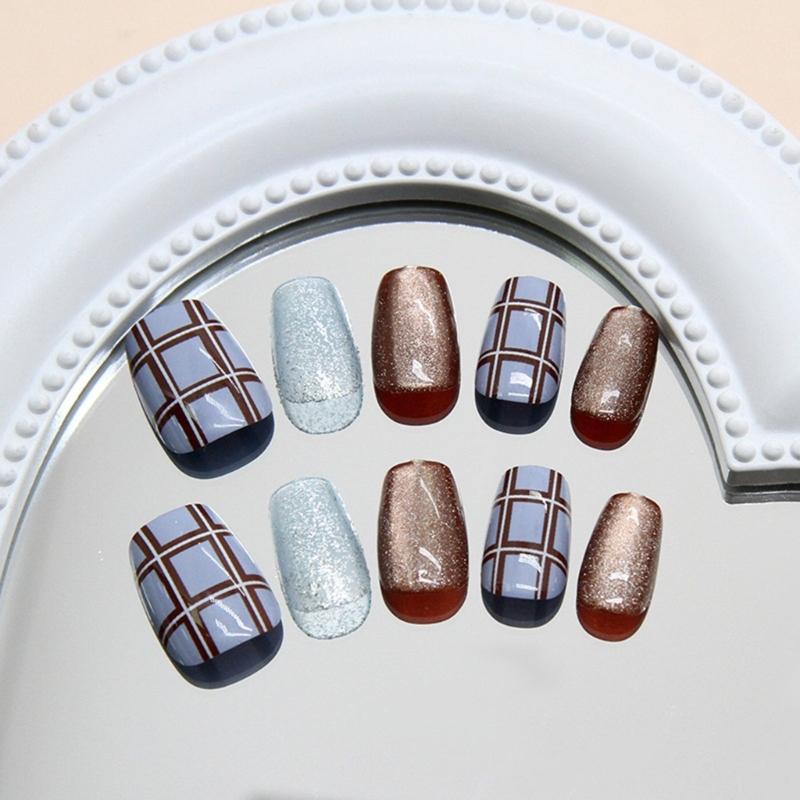 Cats Eye Press on Nail Plaids Square Acrylic Fake Nail Reusable Stick on Nail for DIY Nail Art Manicure Decorations