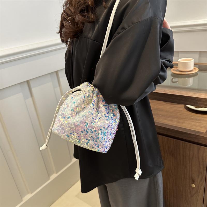 Korean Small Sequin Bucket Bag Trendy Soft Tie-mouth Shoulder Bag Casual Niche Fashion Personality Crossbody Bag Trendy
