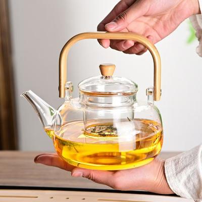 Glass Teapot with Tea Strainer Infuser Tea Kettle with Wooden Handle Heat Resistant Kung Fu Teaware for Electric Ceramic Stoves