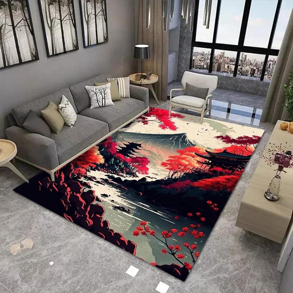Japanese Cherry Blossom Mount Fuji 3D Area Rug for Kids Bedroom Living Room Sofa Doormat Large Floor Mat Home Decor Gift