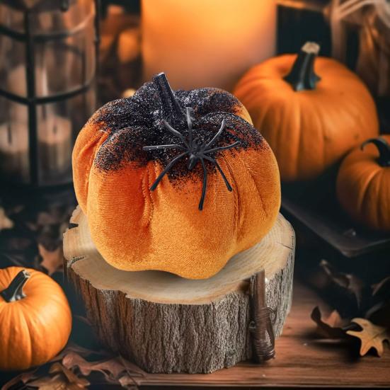 Halloween Pumpkin Ornament Flannel Pumpkin Table Centerpiece Gothic Pumpkin Decoration with Spider for Mantel Dining Table