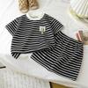 2026 Summer Children O-Neck Short Sleeve T-Shirt Suits Baby Spring Short Pants Two-pieces Set Stripe Cotton Suit for Girl Boy