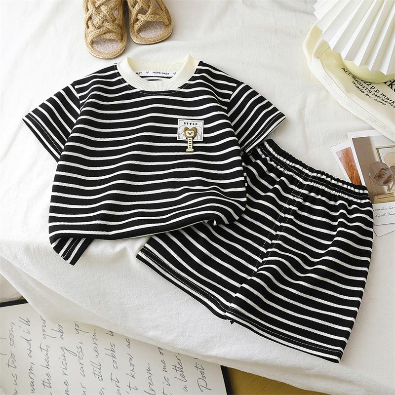 2026 Summer Children O-Neck Short Sleeve T-Shirt Suits Baby Spring Short Pants Two-pieces Set Stripe Cotton Suit for Girl Boy