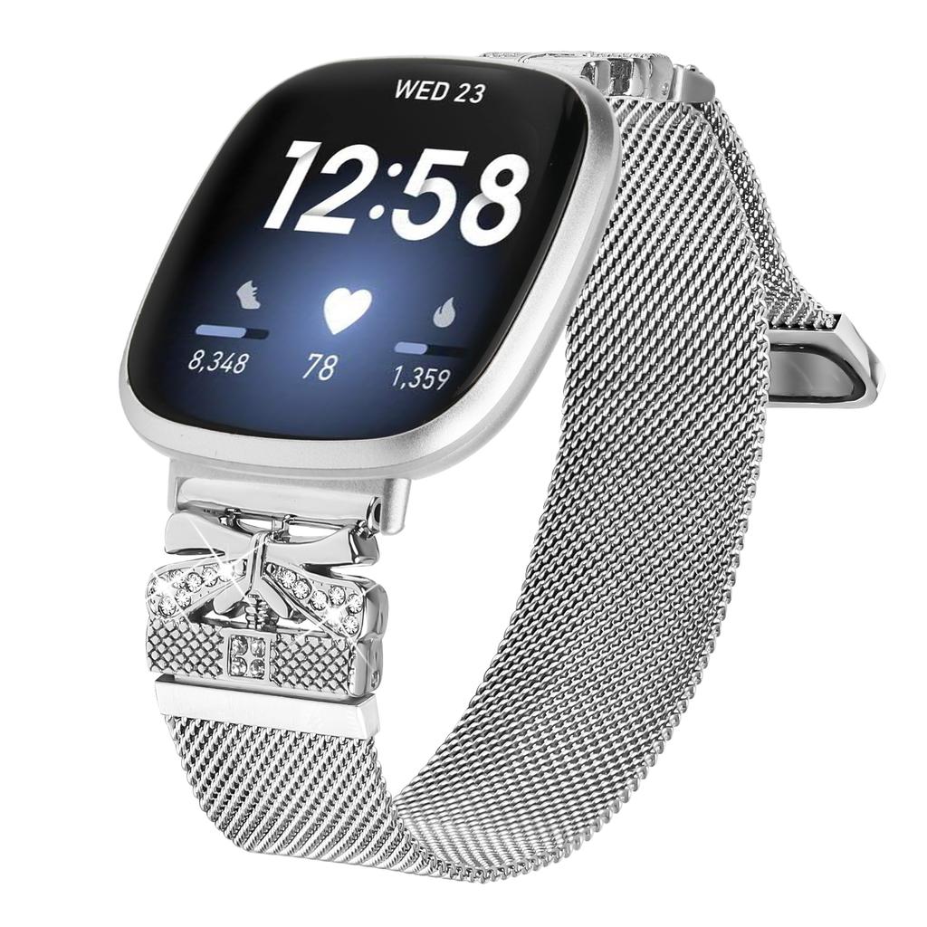 For Fitbit Versa 3/Sense Watch Strap Butterfly Decor Milanese Metal Band,Silver