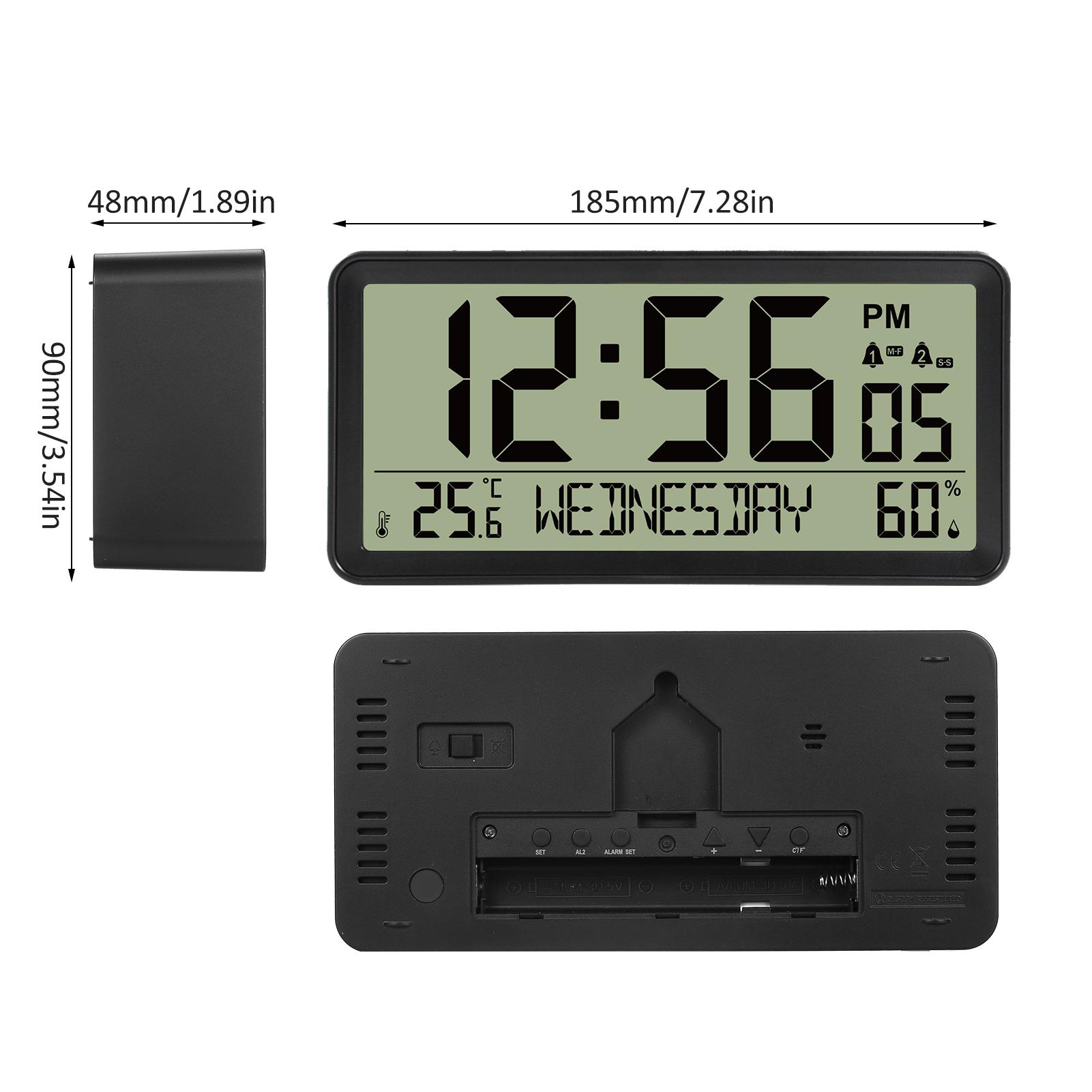LCD Digital Alarm Clock Battery Operated Desktop Electronic Clock Temperature Humidity Display Date Backlight Snooze Feature Black EM1354B