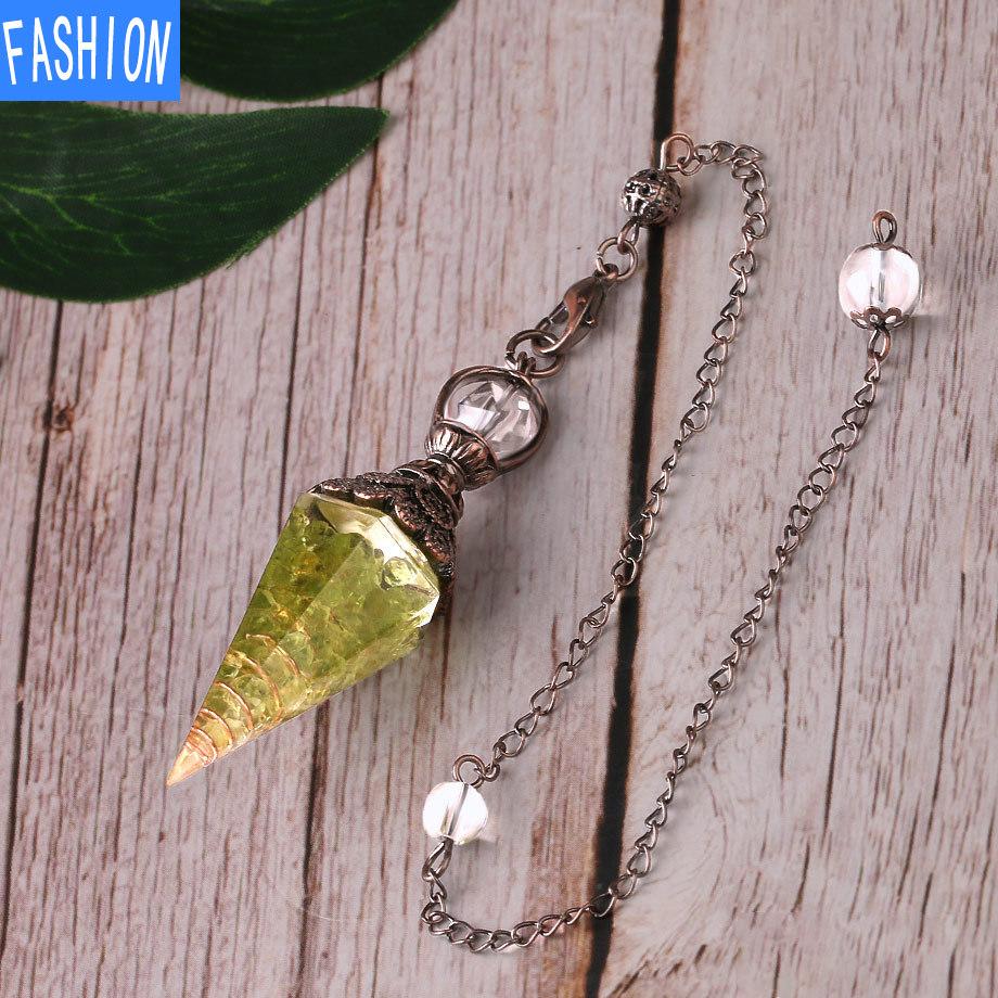 Colorful Crystal Pendulum Bronze Fashion Natural Gravel Resin Spring Hexagonal Cone Pendant