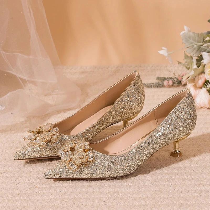 Fashion Bride Wedding Shoe Pointed Toe Shoes for Women Low Heel Elegant Woman Pumps Stilito Fashion Slip on Non Spring Beau Today Dress